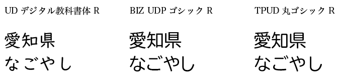 UDデジタル教科書体と他のUDフォントとの比較